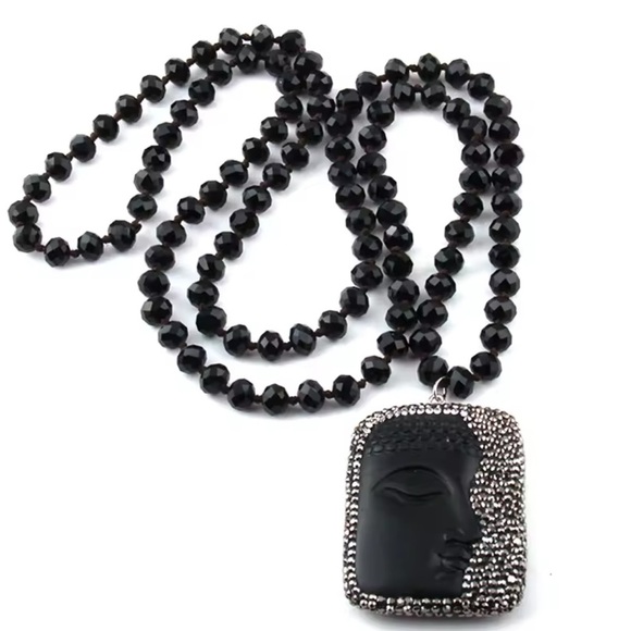 Ethnic Buddha Luck Gayatri Black Beaded Long Crustal Necklace - Picture 1 of 4